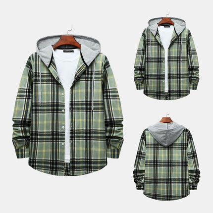 Cross-border Hooded Plaid Shirt Men's 2024 Foreign Trade Autumn Harajuku Style Plaid Hooded Shirt Men's Hong Kong Style Casual Shirt