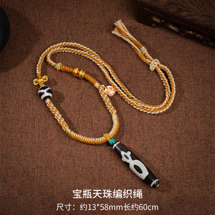 Natural Xizang Yellow Nine-Eyed Dzi Bead Necklace Multi-Totem Agate Pendant Couple Style Braided Necklace Ready for Sale
