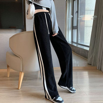Striped corduroy pants women's fleece-lined thickened narrow wide-leg casual slimming high waist straight mop pants