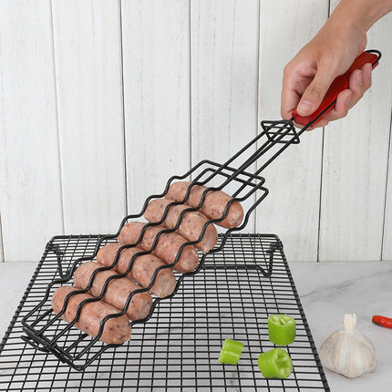 Removable sausage barbecue net wooden handle hot dog barbecue BBQ non-stick barbecue clip outdoor fire sausage barbecue net