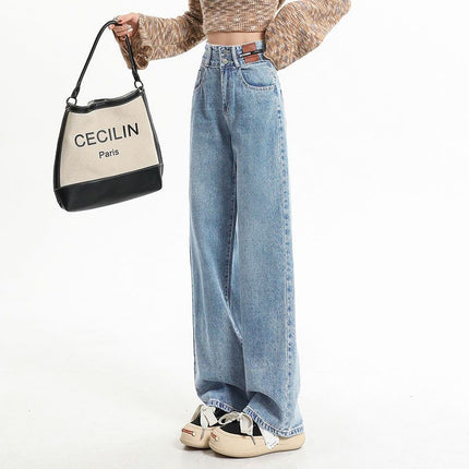 Women's Versatile Retro Blue Floor-Length High-Waisted Straight-Leg Jeans 2025 Stylish Drapey Wide-Leg Pants Slimming Trendy