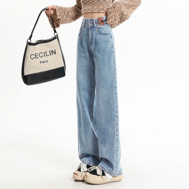 Women's Versatile Retro Blue Floor-Length High-Waisted Straight-Leg Jeans 2025 Stylish Drapey Wide-Leg Pants Slimming Trendy