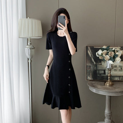 Cross-border French Style Retro Hepburn Style Black dress Women's Gentle and Elegant Summer New Style Elegant Slim-fit Knitted Dress