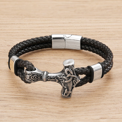 European and American Cross-border Hot Sale Thor's Hammer Woven Viking Jewelry Cowhide Rope Bracelet Stainless Steel Magnetic Buckle Bracelet