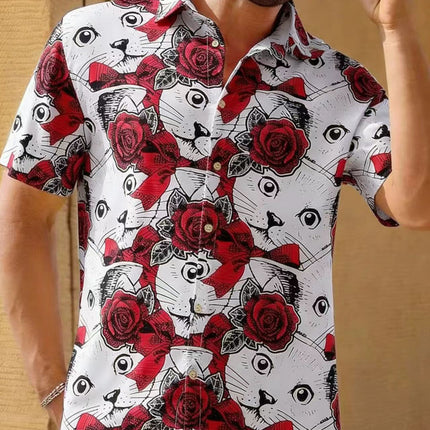 Foreign Trade Men's Short-sleeved Shirt Red Rose White Cat Print Middle East Retro Summer 2025 New Cross-border
