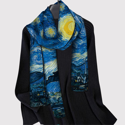 150cm Spring Long Van Gogh Oil Painting Series Starry Sky Women's Long Silk Scarf All-Match Shawl Scarf Scarf for All Seasons