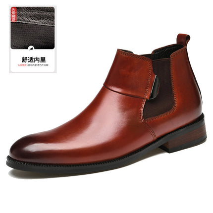 High-grade winter business leather boots suit British first layer cowhide light luxury casual slip-on height increasing Chelsea boots men's boots