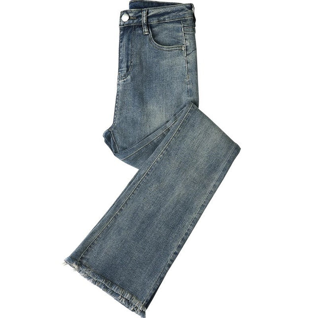 Vintage Fur-Edge Micro-Lam Jeans Women's Trendy All-Match New High-Waist Slim-Fit Stretch Horseshoe Trousers