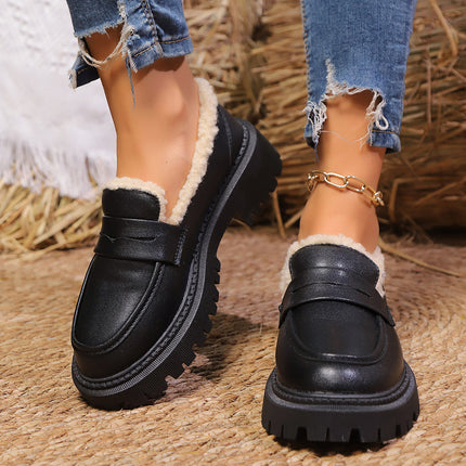 British Style fleece-lined Small Shoes Women's 2024 Autumn and Winter New Warm Loafers Slip-on plus size Cotton Shoes