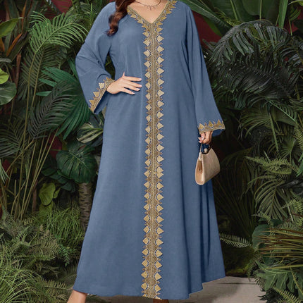 In-Stock Ethnic Style Women's Clothing Autumn Embroidered V-Neck Long-Sleeve Dress Loose Long Dress Exotic Style Clothing