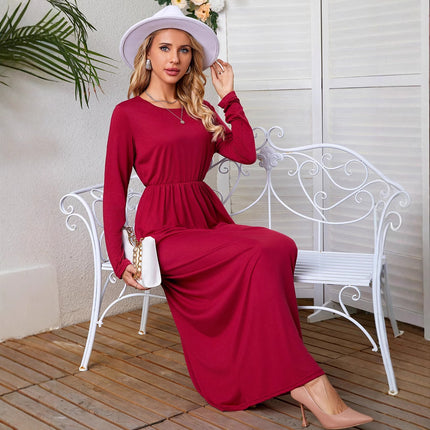 2023 autumn and winter New Amazon cross-border supply round neck long sleeve solid color casual pocket dress mop dress
