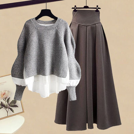 Autumn with a set of 2024 new plus size wear fake two-piece shirt top women's skirt two-piece set
