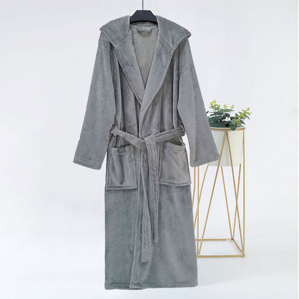 New autumn and winter plain hooded bathrobe flannel home casual nightgown extended thick couple bathrobe wholesale