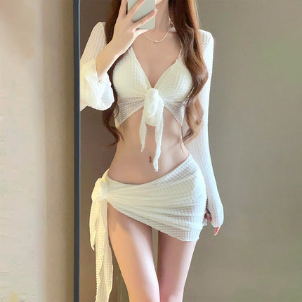 Bikini Swimsuit for Women 2025 New Four-Piece Set High-End Sexy Split Long-Sleeved Swimsuit for Women Pure Color Hot Spring
