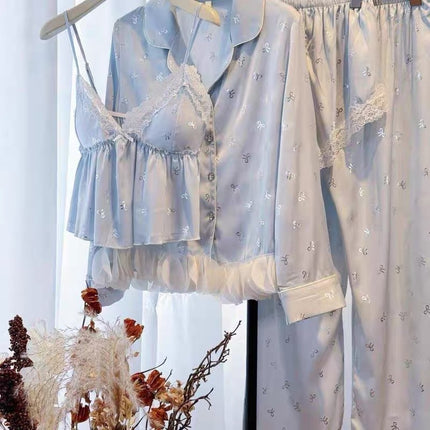 Spring and Summer New Pure Desire Wind Bow Ice Silk Pajamas Women's Four-piece Sling Shorts Sexy Sling Home Clothes