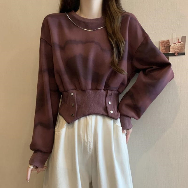 American Retro Tie-Dye Hooded Sweatshirt for Women in Spring & Fall Plus Size Fat mm Slimming Look Design Asymmetrical Short Top Trendy