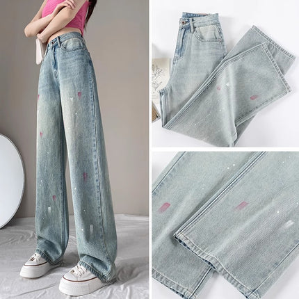 Wide Leg Jeans Women's 2024 Summer New High Waist Slimming Design Sense Dipped Splash Ink Straight Pants