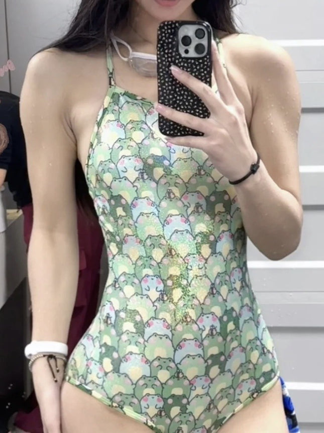 New One-Piece Swimsuit for Women, Sexy Hot Girl Frog Print, Fresh and Conservative Hot Spring Professional Racing Swimsuit