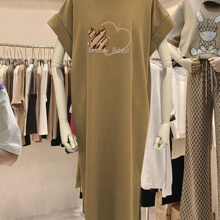 plus size Short-sleeved Cotton Mid-length Dress Women's 2025 Summer New All-match Loose Long Dress Flying Sleeve Split dress