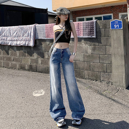 Vintage Blue Narrow Wide-Leg Jeans for Women 2025 Summer New High-Waisted Loose Slimming Draped Straight-Leg Floor-Length Pants