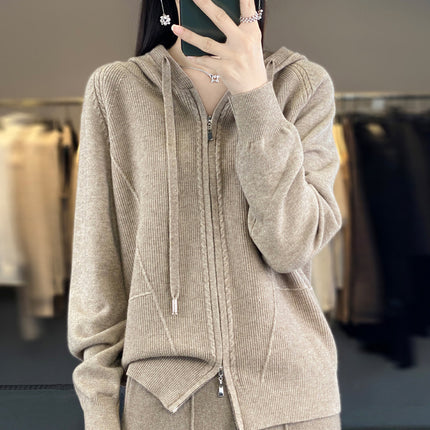 Wool Blend 2026 Autumn and Winter New Women's Hooded Sweatshirt Loose Plus-Size Short Knitted Hoodie Base Layer Cardigan