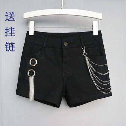 Black Shorts for Women, New Korean Style, Tassel Chain Metal Hot Pants, Mid-Waist Slim Fit, Fashionable Straight-Leg Pants