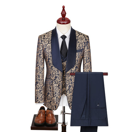 Foreign Trade Men's Jacquard Green Fruit Collar Suit Three-Piece Men's Korean Style Slim Fit Groomsmen Wedding Dress Suit