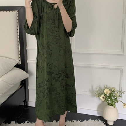 2026 New Cotton Silk Nightgown for Women, High-End Printed Short-Sleeved Long Dress, Large Size, Thin Style, Can Be Worn Outside as Loungewear