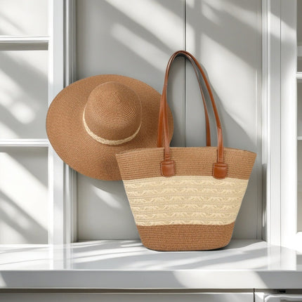 Cross-Border Straw Hat Straw Bag Two-Piece Set Sun Hat Large Capacity Striped Tote Bag Shoulder Bag Beach Bag Factory Store
