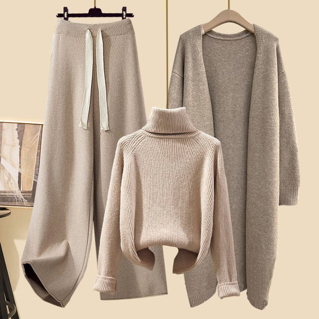 Autumn suit Women's 2024 New Korean Lazy Style Cardigan Jacket with Slim Sweater Wide Leg Pants Three-Piece Set