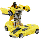 Inertial yellow deformed car