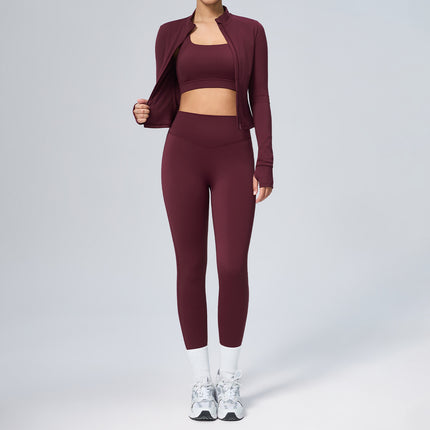 Cross-Border New Tight-Fitting Yoga Clothing Suit Women's Cardigan Running Sportswear Suit Quick-Drying Fitness Clothing Three-Piece Set