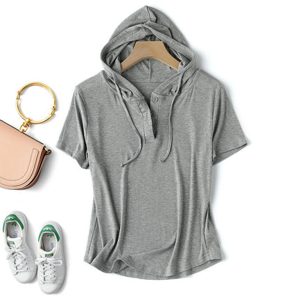 Modal thread short-sleeved hoodie T-shirt women's spring/summer plus size loose bottoming shirt slimming sun protection thin top