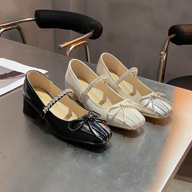 Bow Rhinestone Thick Heel Mary Jane Pumps for Women 2025 New French Champagne Color High Heels for Women with Skirts