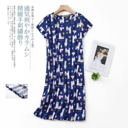 2025 European and American Amazon Spring and Summer New Short-Sleeved Cartoon Printed Nightgown Home Wear Women's Casual Style Dress