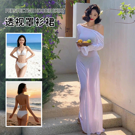 Summer New Resort Style Bikini Seaside Swimsuit with Long Sleeves Backless See-Through Vacation Cover-Up Skirt Wholesale