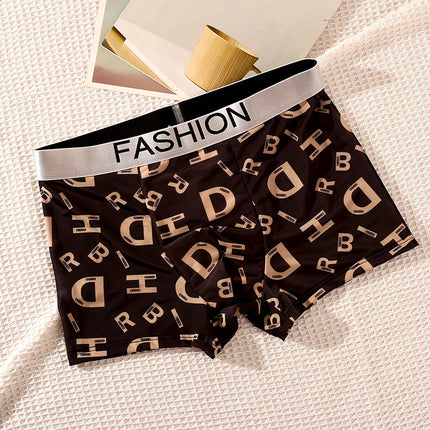 2025 Bagged Summer Men's Ice Silk Underwear Seamless Ultra-Thin Breathable Fashionable Printed Mid-Waist Trendy Boxer Briefs for Men
