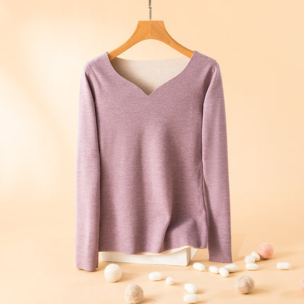 Warm top women's winter love neckline inner brushed fleece-lined thick loose all-match long sleeve seamless bottoming shirt