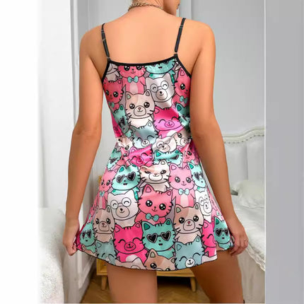 Cross-Border Foreign Trade Sexy Backless Suspender Dress Imitation Silk Nightgown Summer Printed Pajamas Short Skirt Women's Home Clothes