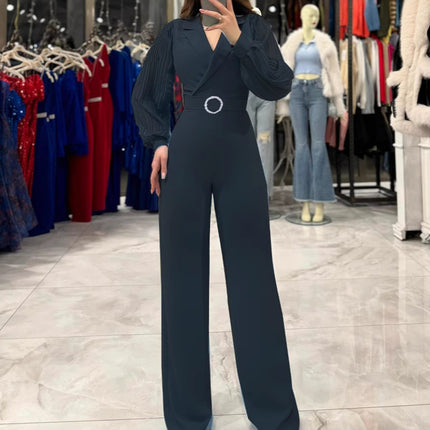 Cross-border 2025 Europe and the United States autumn and winter new chiffon stitching long sleeve women's jumpsuit INS office commuter jumpsuit