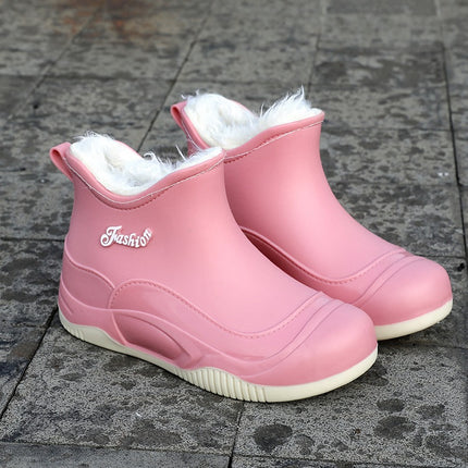Foreign Trade Women's Rain Boots Short Outer Wear Waterproof Rain Boots fleece-lined Water Shoes Kitchen Car Washing Work Non-slip Wear-resistant Rubber Shoes