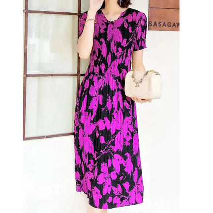 Miyake pleated 2025 summer new temperament round neck printed pleated skirt fashion waist thin magic dress