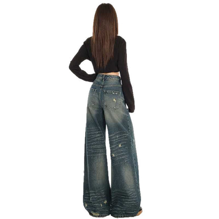 American Design Ripped Jeans for Women 2025 Summer Straight Pants High Waist Slim Floor-Length Wide Leg Long Pants