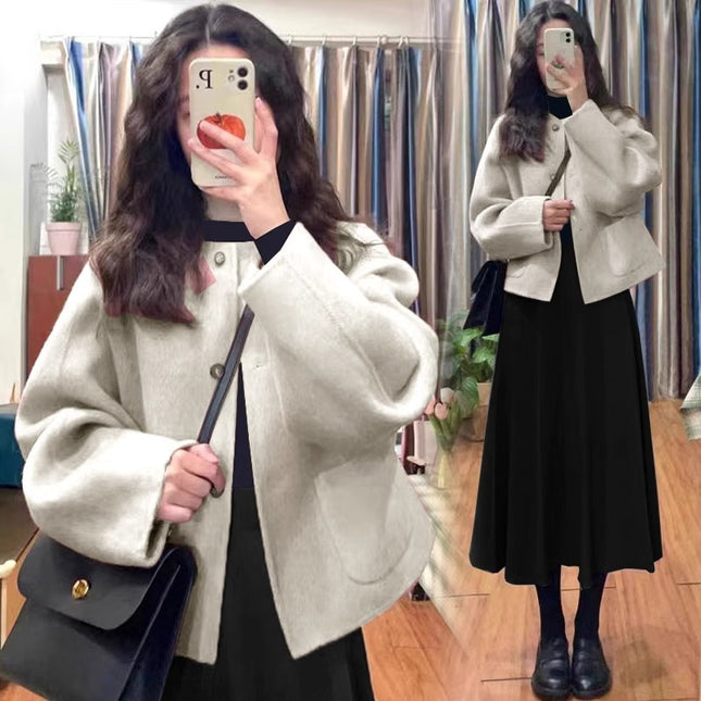 plus size chubby girl Fall/Winter Women's Small Fragrant Style Short Wool Coat Dress Two-Piece Set 200kg