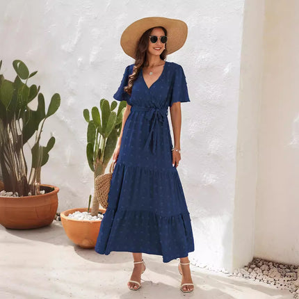 Cross-Border V-Neck High-Waist Strappy Dress Fur Ball Long Short-Sleeved Dress Vacation Travel Dress