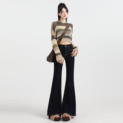 Bumi House American-style Tannin Micro-blared Jeans Women's New Spice Girl High Waist Slim-fit Button Pocket Slim-fit Flare Pants
