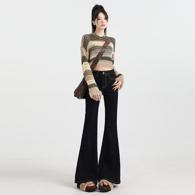 Bumi House American-style Tannin Micro-blared Jeans Women's New Spice Girl High Waist Slim-fit Button Pocket Slim-fit Flare Pants