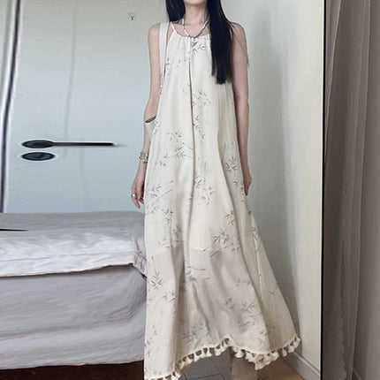 New Chinese Style Light Guofeng Skirt Hem Tassel Elegant Sling Loose Cool Zen dress Seaside Vacation