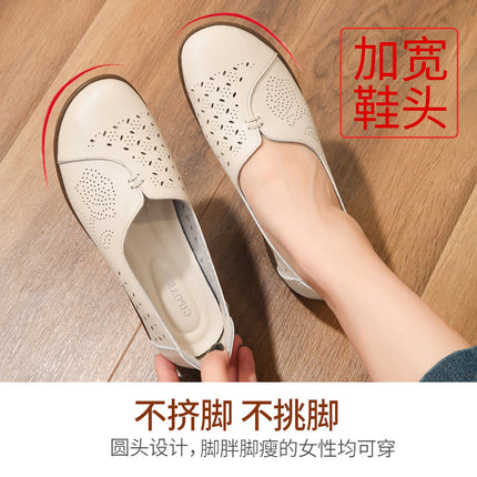 Mom's Shoes, Middle-Aged and Elderly Leather Shoes, Summer Women's Breathable Non-Slip Flat Hole Shoes, Middle-Aged Sandals, Soft-Soled Comfortable Single Shoes