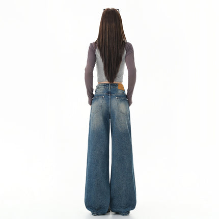 Vintage Blue Versatile Wide-Leg Jeans for Women 2025 Autumn New Straight Loose High-Waisted Slimming Floor-Length Pants